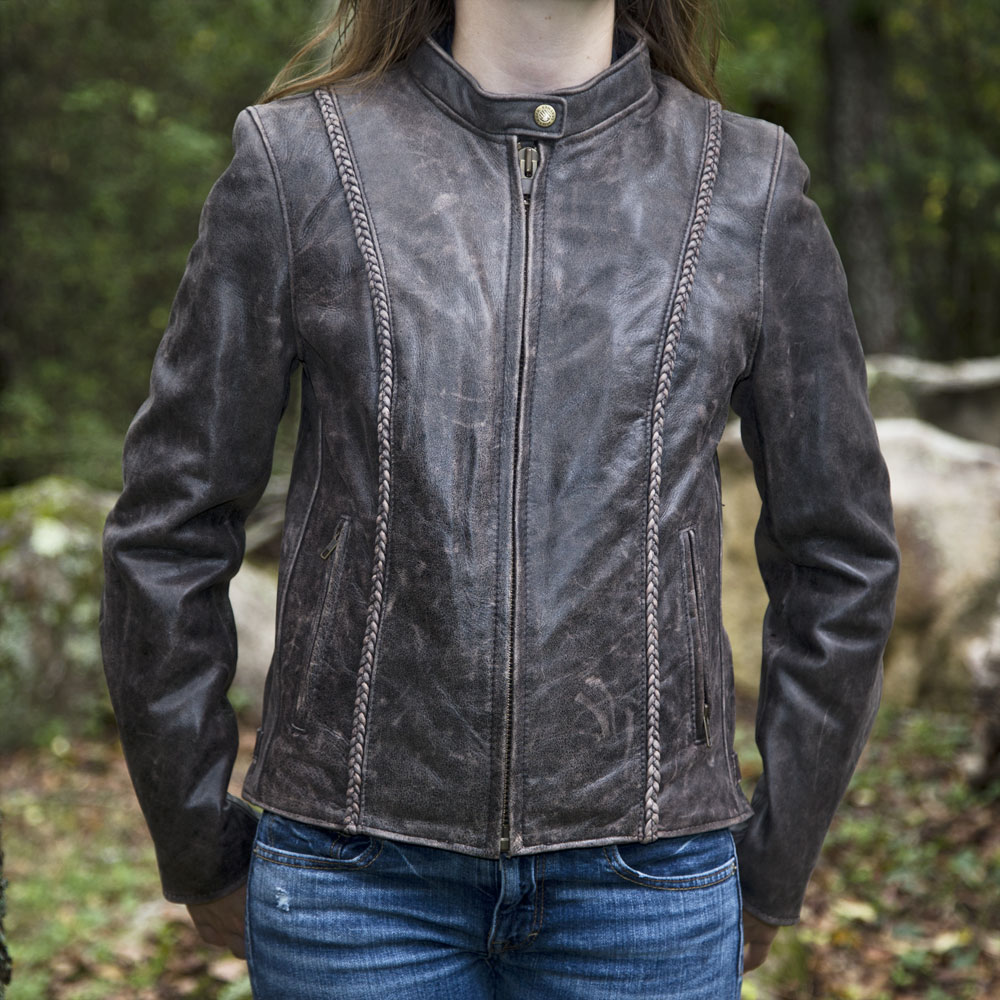 Womens Distressed Braided Leather Jacket
