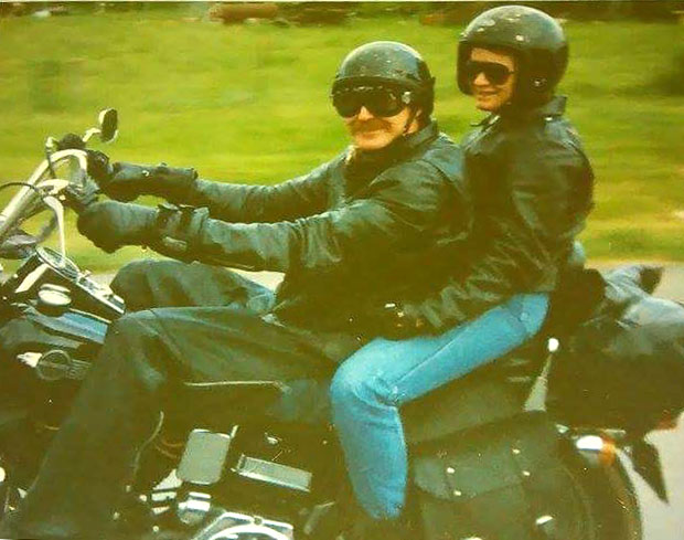 Bill and Melinda (Fox Creek Leather Office Manager) cruising the roads back in 1989 on Bill's 1980 Harley Davidson Wide Glide. 