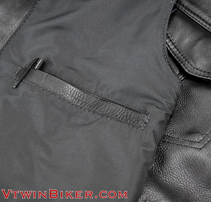 Detail view of the inside pocket on the leather vest.